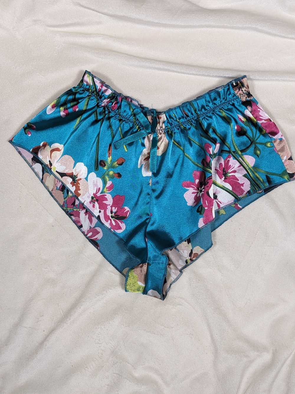Silky Teal Floral Satin Pajama Shorts